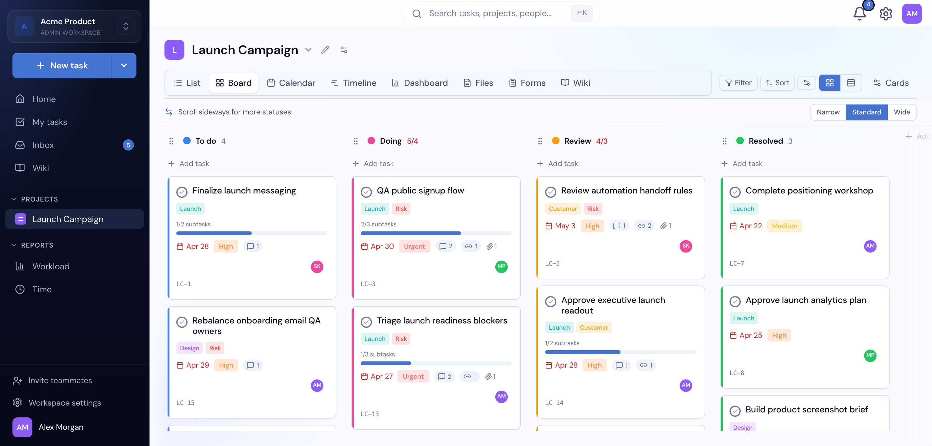 Light-mode Gravitask board showing task cards across workflow columns